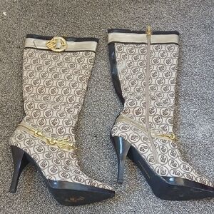 Rocawear Beige Monogram Mid-Calf Heeled Boots with Black Trim and Gold Hardware
